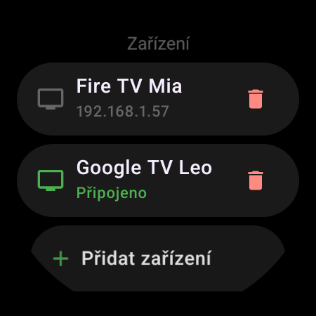 Seznam Zařízení na chytrých hodinkách – připojená Google TV a uložená Fire TV s tlačítkem Přidat zařízení