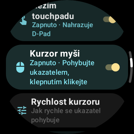 Zapnutý Kurzor myši s nastavením Rychlost kurzoru na hodinkách