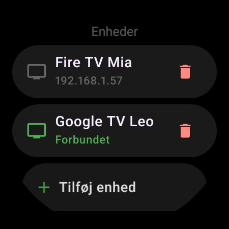 Listen »Enheder« på et smartwatch – et forbundet Google TV og et gemt Fire TV med knappen »Tilføj enhed«