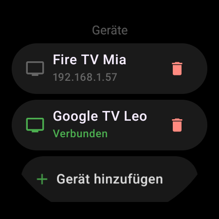 Liste „Geräte“ auf der Smartwatch – ein verbundenes Google TV und ein gespeichertes Fire TV mit der Schaltfläche „Gerät hinzufügen“
