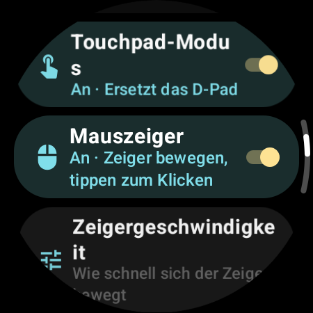 „Mauszeiger“ aktiviert, mit der Einstellung „Zeigergeschwindigkeit“ auf der Uhr