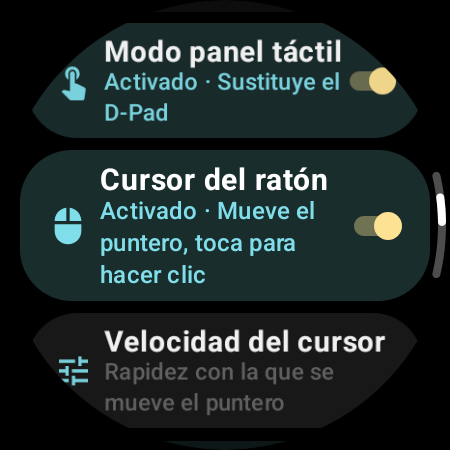 Cursor del ratón activado, con el ajuste Velocidad del cursor en el reloj