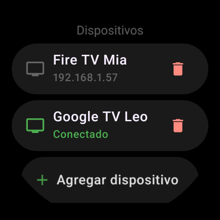 Lista de Dispositivos en un smartwatch: un Google TV conectado y un Fire TV guardado, con el botón Agregar dispositivo