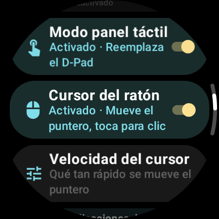 Cursor del ratón activado, con la opción Velocidad del cursor en el reloj