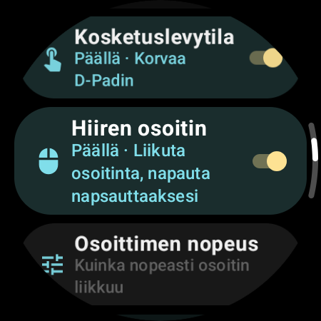 Hiiren osoitin käytössä ja Osoittimen nopeus -asetus kellossa