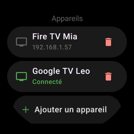 Liste Appareils sur une montre connectée : une Google TV connectée et une Fire TV enregistrée, avec un bouton Ajouter un appareil