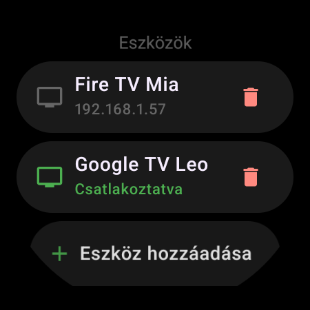 Eszközök lista okosórán – egy csatlakoztatott Google TV és egy mentett Fire TV „Eszköz hozzáadása” gombbal
