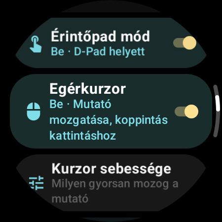Bekapcsolt „Egérkurzor” és „Kurzor sebessége” beállítás az órán