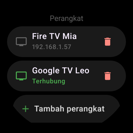Daftar “Perangkat” di smartwatch — Google TV yang terhubung, Fire TV yang tersimpan, dan tombol “Tambah perangkat”