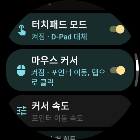 워치에서 켜진 ‘마우스 커서’와 ‘커서 속도’ 설정