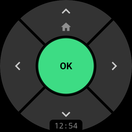 Remote & Mouse for Android – D-pad på en smartwatch-fjernbetjening til TV med grøn OK-knap på et Wear OS-ur
