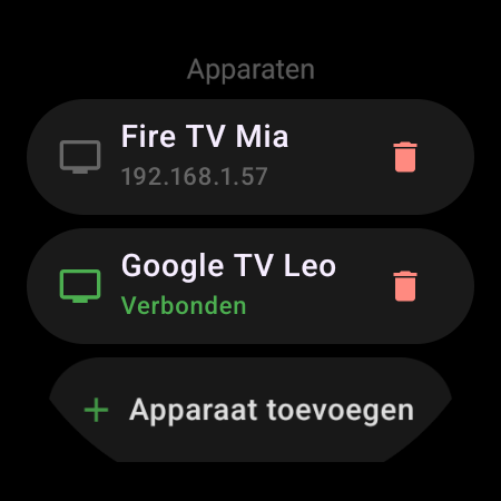 Lijst ‘Apparaten’ op een smartwatch – een verbonden Google TV en een opgeslagen Fire TV met de knop ‘Apparaat toevoegen’
