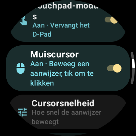 ‘Muiscursor’ ingeschakeld, met de instelling ‘Cursorsnelheid’ op het horloge