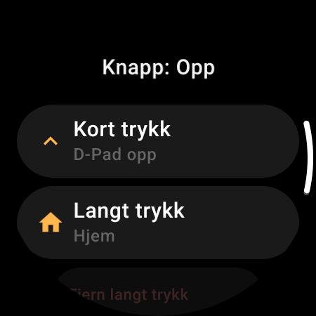 Knappetilordning i TV-fjernkontrollen for smartklokke – separate handlinger for Kort trykk og Langt trykk på Opp-knappen
