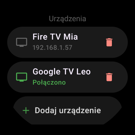 Lista Urządzenia na smartwatchu – połączony Google TV i zapisany Fire TV z przyciskiem Dodaj urządzenie