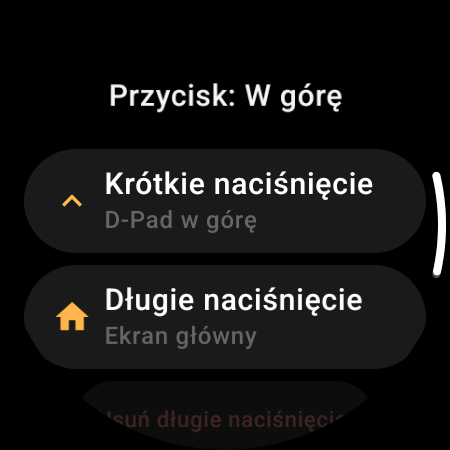 Przypisywanie przycisków w pilocie do TV na smartwatchu – niezależne akcje Krótkie naciśnięcie i Długie naciśnięcie dla przycisku W górę