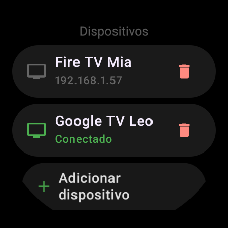 Lista de Dispositivos no smartwatch — uma Google TV conectada e um Fire TV salvo, com o botão Adicionar dispositivo