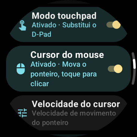 Cursor do mouse ativado, com a opção Velocidade do cursor no relógio