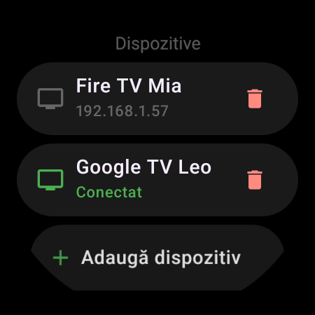 Lista Dispozitive pe un ceas smart – un Google TV conectat și un Fire TV salvat, cu butonul Adaugă dispozitiv