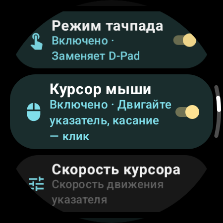 Включённый «Курсор мыши» и настройка «Скорость курсора» на часах