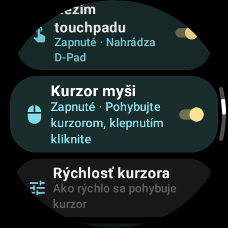 Zapnutý Kurzor myši s nastavením Rýchlosť kurzora na hodinkách