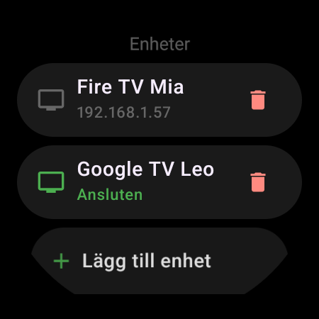 Listan Enheter på en smartklocka – en ansluten Google TV och en sparad Fire TV med knappen Lägg till enhet