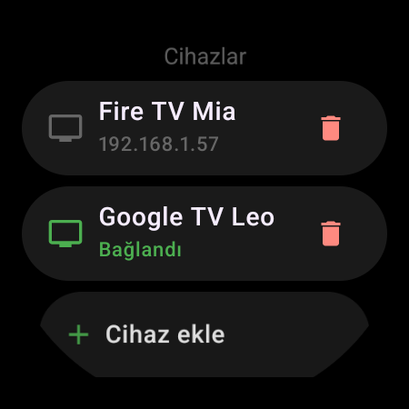 Akıllı saatte Cihazlar listesi — bağlı bir Google TV, kayıtlı bir Fire TV ve Cihaz ekle düğmesi